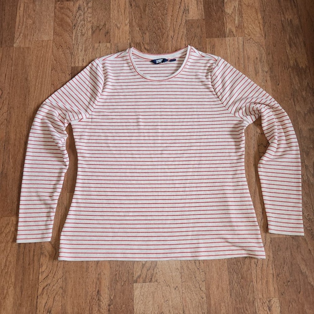 Lands End Womens XL Red Cream Striped Ribbed Knit Long Sleeve Crewneck Top 654